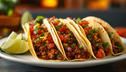 A plate of Mexican tacos under a restaurant table, against a diffuse background.