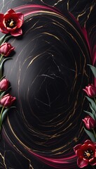 Vertical Elegant Black Marble Background Decorated With Red Flowers and Golden Waves