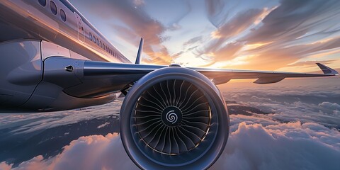 Majestic Airplane in Flight, Close-Up of Turbine Engine Against a Stunning Sunset Sky, High-Altitude View of Modern Aviation, Powerful Jet Engine in Action, Inspiring Travel and Adventure Imagery