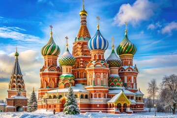 Fototapeta premium St. Basil's Cathedral in Red Square, its colorful domes contrasting beautifully with the white snow blanketing the square.