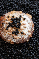 Delicious pastry dusted with powdered sugar and adorned with fresh blackberries on a berry background