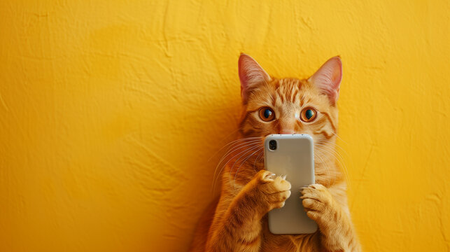 Ginger cat holding smartphone on yellow background