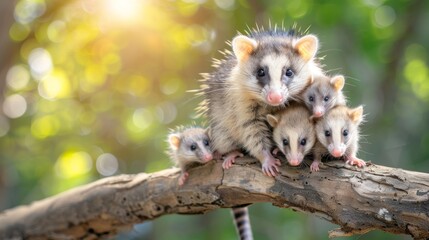 Obraz premium Curious mother opossum with adorable cubs possums climbing trees in the warm sunlight, wild animal concept, banner, empty space