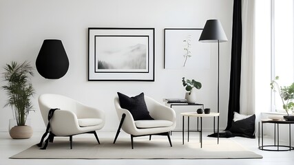 Design of white living room. A view of a contemporary Scandinavian interior including a black poster frame and chair against a white wall. The idea of simplicity and home staging