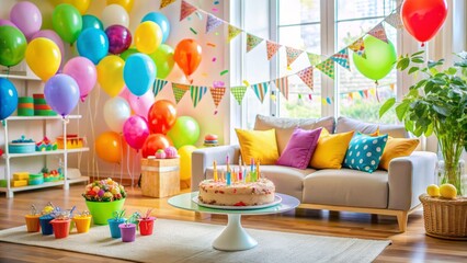 Vibrant balloons, colorful streamers, and a beautifully decorated cake adorn a living room, capturing the festive atmosphere of a joyful birthday celebration at home.