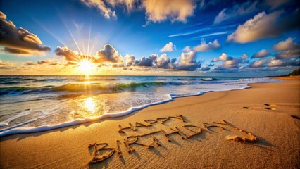 Vibrant beach scene with happy birthday message elegantly inscribed in smooth sand, surrounded by serene shore, warm sunlight, and festive lens flares.