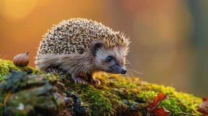 Wild European hedgehog on mossy log with blurred background Horizontal image of Erinaceus europaeus