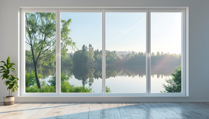 new plastic pvc window with white metal frame installed at modern house, view of blurred green trees. advertising concepts