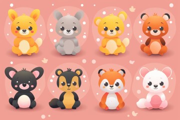 Obraz premium Cute Cartoon Animals Sitting on a Pink Background