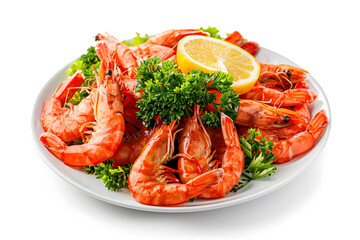 Delicious shrimps on white plate isolated on white background
