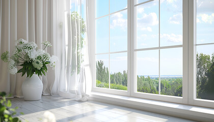 Fototapeta premium new plastic pvc window with white metal frame installed at modern house, view of blurred green trees. advertising concepts