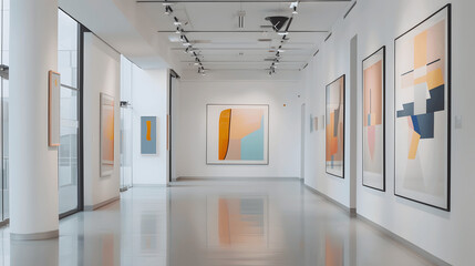 Minimalistic art gallery with geometric paintings and soft lighting