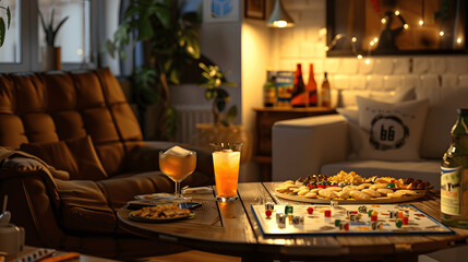 Family game night with board game, snacks, and drinks