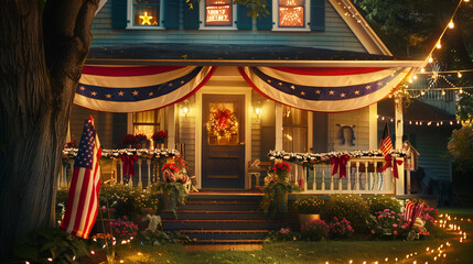 Fototapeta premium House decorated with American flags, bunting, and patriotic lights, decorations, house, Independence Day, flags, bunting, lights, patriotic, festive