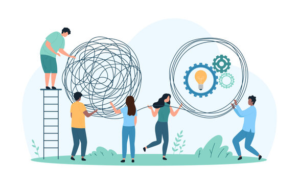 Process solving of complicated difficult problem, simplicity in psychotherapy. Tiny people unravel chaos and line multiple knots of wire to simple way, gear with light bulb cartoon vector illustration