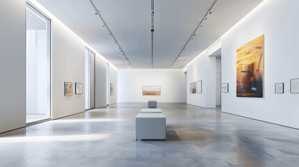 Modern gallery space with standout painting and minimalist bench
