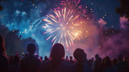 Crowds gathered in a park watching a colorful fireworks display in the night sky, fireworks, Independence Day, celebration, night sky, crowds, park, patriotic, festive