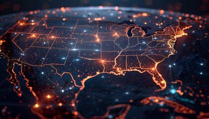 Satellite Grid, grid-like pattern superimposed over a map of the USA, demonstrating coverage and connectivity, 