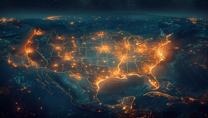 Satellite Grid, grid-like pattern superimposed over a map of the USA, demonstrating coverage and connectivity, 