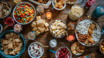 Family game night table with snacks, drinks, and board game