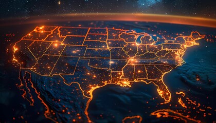 Satellite Grid, grid-like pattern superimposed over a map of the USA, demonstrating coverage and connectivity, 