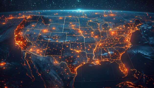 Satellite Grid, grid-like pattern superimposed over a map of the USA, demonstrating coverage and connectivity, 