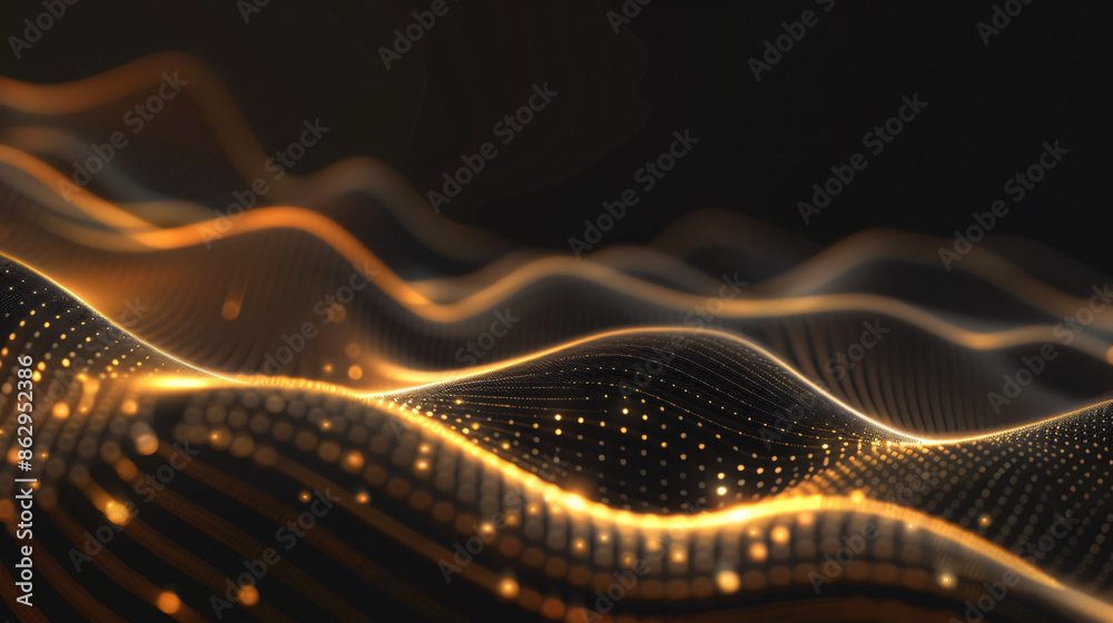 Poster abstract golden particles flowing and forming a wavy shape on a dark background