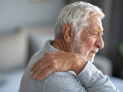  person massaging their shoulder with a pained expression, highlighting discomfort or injury in that area.