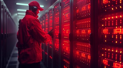Obraz premium Labor Day celebration with red IT technicians troubleshooting in a server room, minimalist style