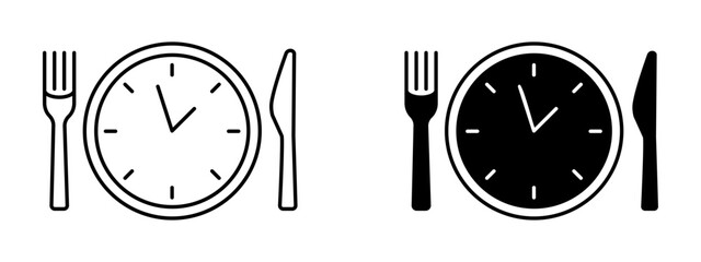 Business lunch icon. Knife, fork and plate with clock illustration. Lunch time symbol. Dinner break sign.