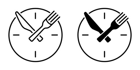 Lunch time logo. Fast diet symbol. Meal break sign. Clock with cutlery icon. Knife and fork icon.