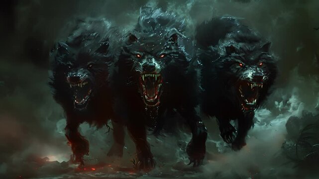 A threeheaded hound with razorsharp teeth black fur and eyes that glow red in the darkness fiercely protecting the entrance to the underworld.