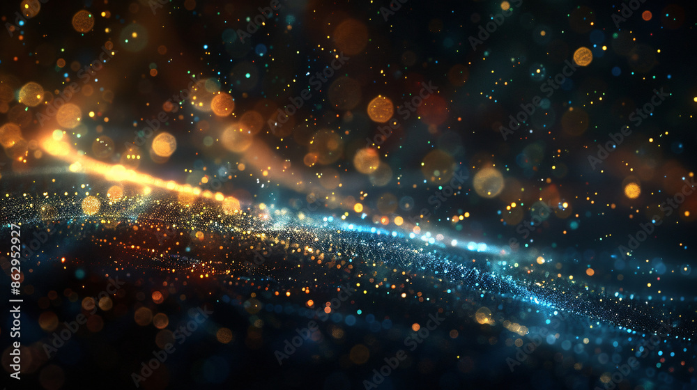 Aufkleber Abstract background with glowing particles flowing in a curve and forming bokeh lights