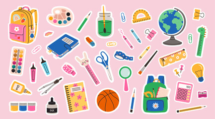 Set of school stationery stickers. Vector illustration, back to school