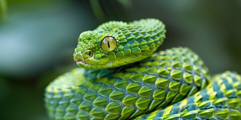 Fototapeta premium A bright green snake with yellow eyes and a triangular head is coiled and ready to strike.