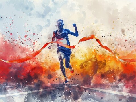 Dynamic watercolor art of a runner crossing the finish line, portraying victory, determination, and the spirit of competition.