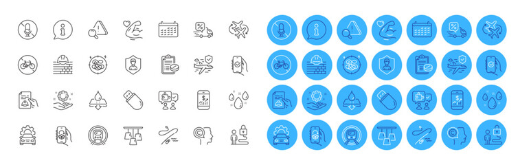 Rainy weather, Build and Approved app line icons pack. Water resistant, Calendar, No microphone web icon. Mobile finance, Medical prescription, Delivery app pictogram. Employee hand. Vector