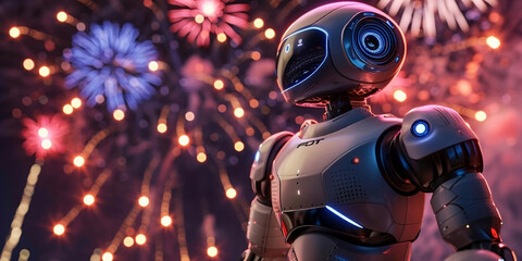 Advanced technology robot in the night celebration of new year with firecrackers sky view