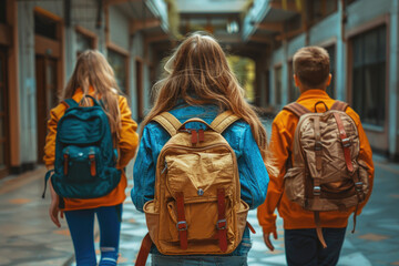 Obraz premium Rear view of happy pupils walking at corridor in school, back to school concept