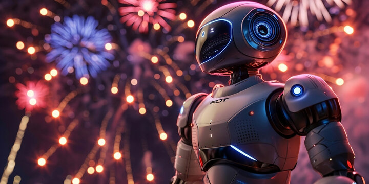 Advanced technology robot in the night celebration of new year with firecrackers sky view