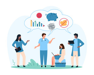 Fototapeta premium Reduction in salary for medical workers. Tiny people in medical uniform worried about low pay, sad doctors think about lack of money and savings, broken piggy bank cartoon vector illustration