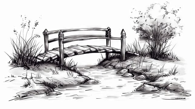 The image is a black and white drawing of a wooden bridge over a small stream. The bridge is surrounded by tall grass.
