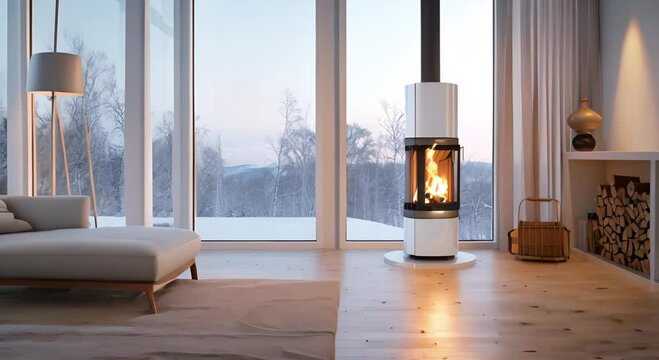 a cozy penthouse nestled amidst the Arctic snowscape, focusing on the inviting ambiance created by a crackling white stove.