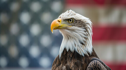 Obraz premium Profile view of a bald eagle's head with a soft focus American flag in the background, bald eagle, close-up, profile, American flag, 4th of July, patriotic, majestic