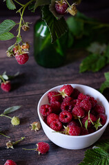Fresh raspberries in bowl. Ripe juicy fresh raspberries. Organic raspberries, healthy food, vitamins, summer berry fruit. Long banner format. place for text.