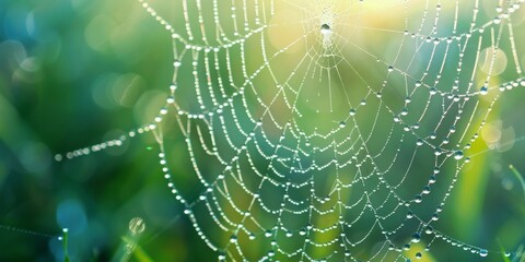 The image shows a spider web with morning dew on it. The web is glistening in the sunlight. The background is blurred and green.