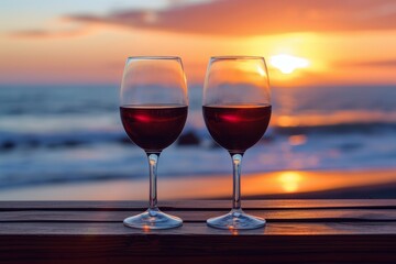 Two glasses of red wine at sunset on a wooden table.