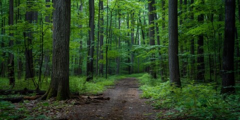 Fototapeta premium The photo shows a dirt path in a dense green forest.