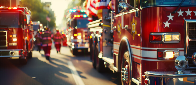 Firefighters driving decorated fire trucks in an Independence Day parade, parade, firefighters, fire trucks, Independence Day, celebration, festive, patriotic