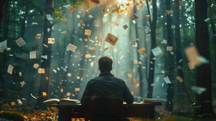 A man sitting at a desk in a forest, with papers flying around and blending into the trees, symbolizing the merging of work and nature